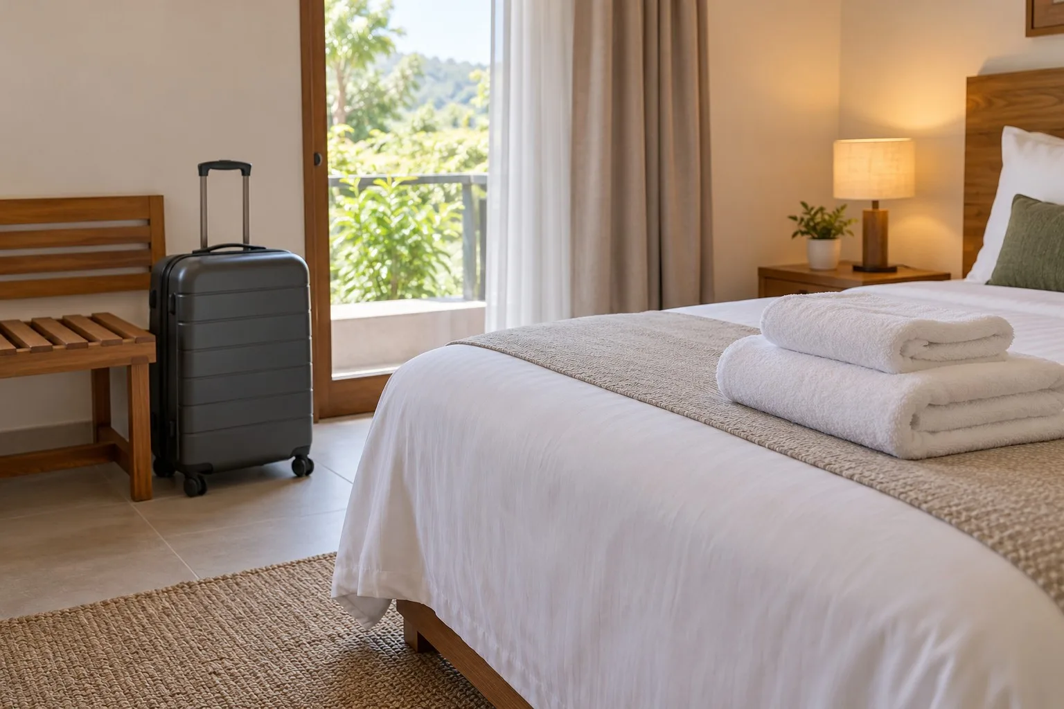 Gefaltete Handtücher auf einem Gästezimmerbett und ein Koffer neben der Gepäckablage.